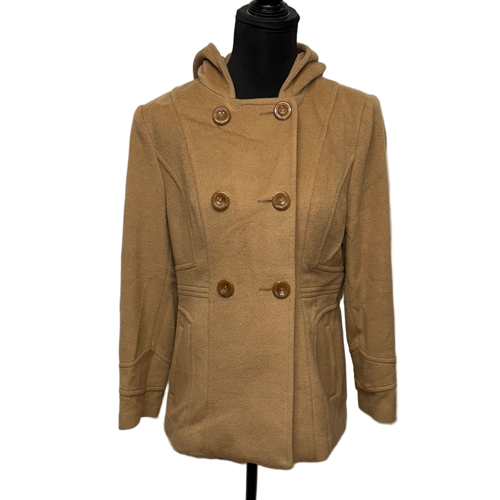 St. John’s Bay Women’s S Tan Wool Cashmere Blend Hooded Double Breasted Pea Coat
